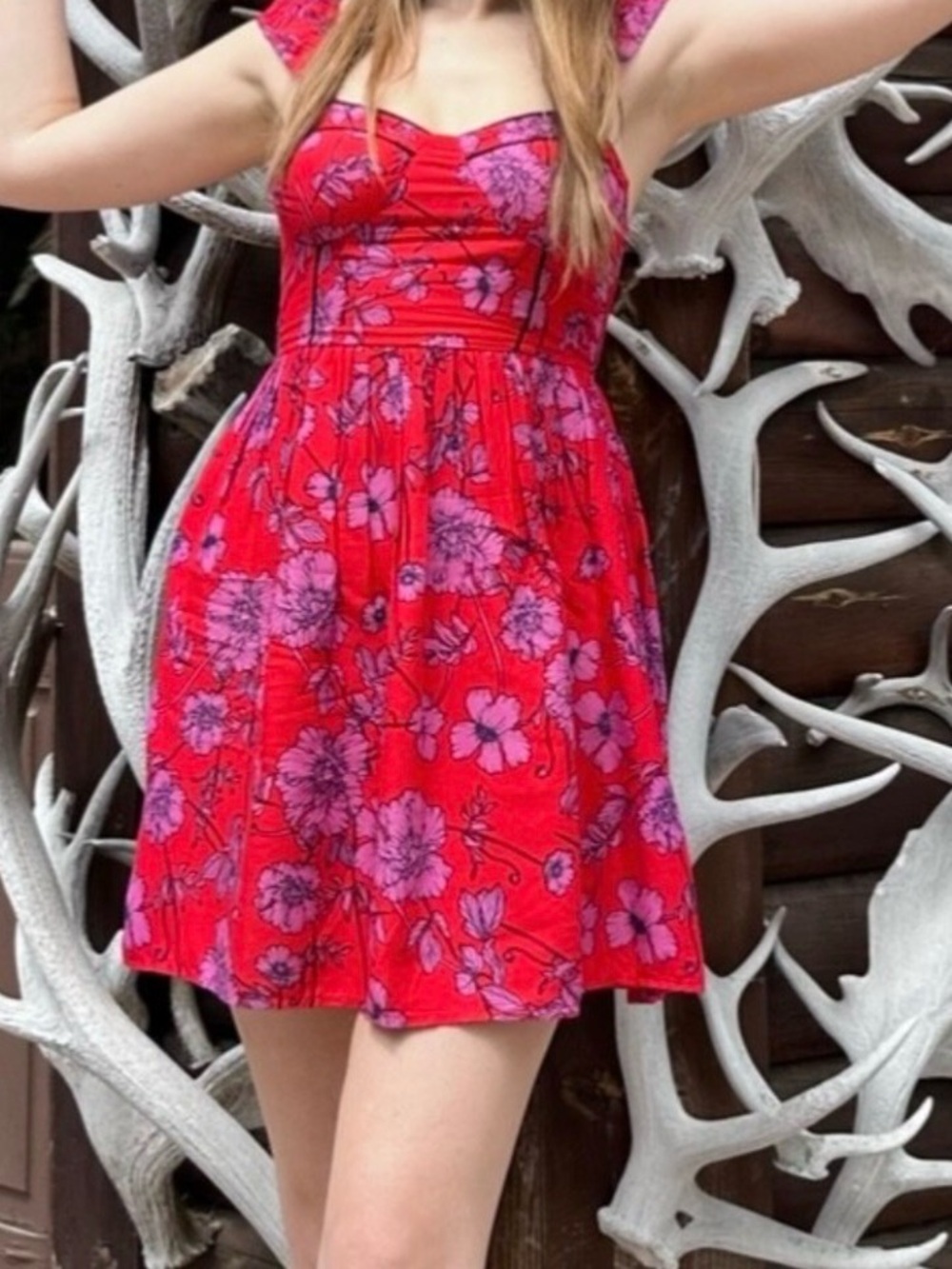 Bustier Red Floral Mini Dress with Pink Blooms